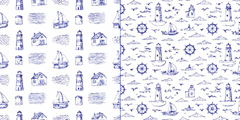 Charming hand drawn blue nautical seamless pattern with lighthouses sailboats houses and waves