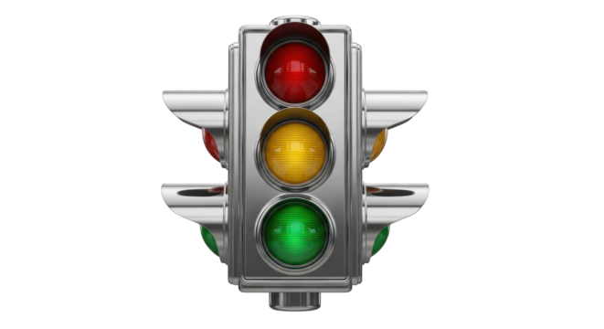 Modern Metal Traffic Light with Red Yellow and Green Lights.