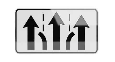 Three Lanes Ahead Sign with Merging Lanes Black Arrows on White.