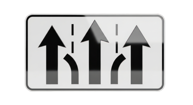 Three Lanes Ahead Sign with Merging Lanes Black Arrows on White.