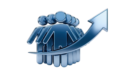 Blue Metallic 3D Icon: Team Growth and Upward Trend.