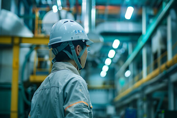 工場で未来を見つめる日本人製造作業員の後ろ姿