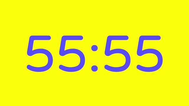 Countdown timer from 56 minute to 55 minute on yellow background with purple number display suitable for technology, urgency, time management concepts, social media posts, blog headers
