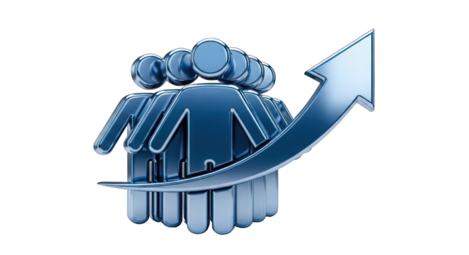 Blue Metallic 3D Icon: Team Growth and Upward Trend.