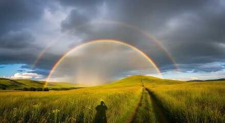 Dramatic full arch rainbow over rolling golden hills and a wheat field.