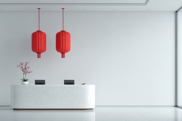 Minimalist office reception decorated with two red lanterns hanging, celebrating Lunar New Year.