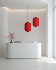 Minimalist office reception decorated with two red lanterns hanging, celebrating Lunar New Year.