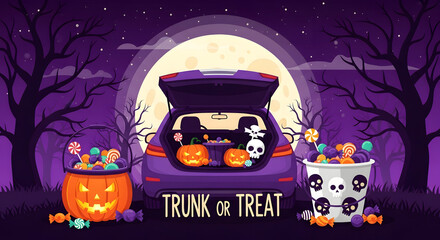 Halloween trunk or treat event with candy and pumpkins