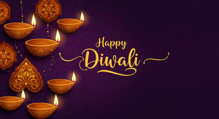 Happy diwali illustration with lit diyas and decorative elements on a purple background design card