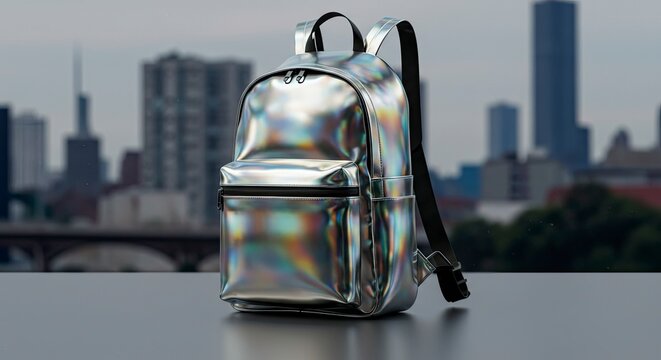 Iridescent Backpack Against Cityscape: Modern, Stylish Backpack with Holographic Finish, Showcased Against a Blurred Urban Background.