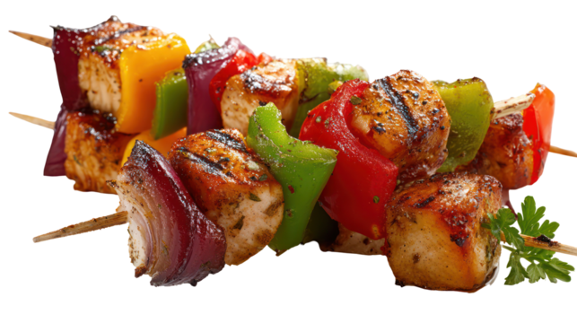 Delicious chicken and vegetable skewers isolated on transparent background