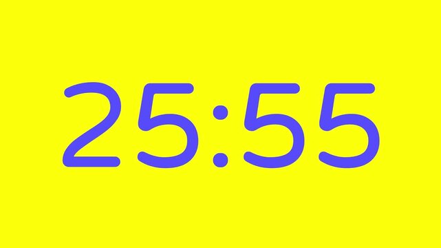 Countdown timer from 26 minute to 25 minute on yellow background with purple number display suitable for technology, urgency, time management concepts, social media posts, blog headers