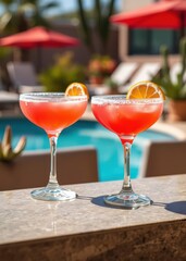 Refreshing pink cocktails poolside in Arizona sunshine close up shot sparkling rimmed glasses summer vacation drink, umbrella, cocktail, summer 