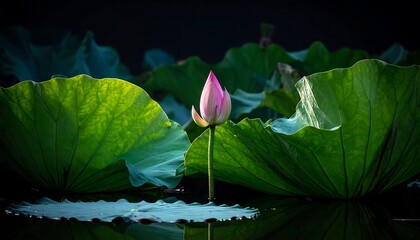 A delicate pink lotus bud stands tall amidst large, vibrant green leaves, bathed in soft sunlight, creating a serene and peaceful scene.