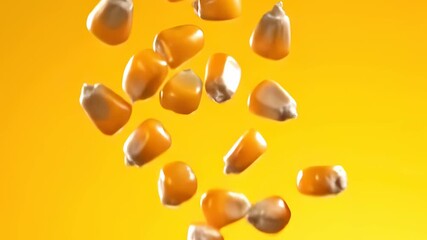 Close-up shot of falling corn kernels against a vibrant yellow background, showcasing texture. - Powered by Adobe