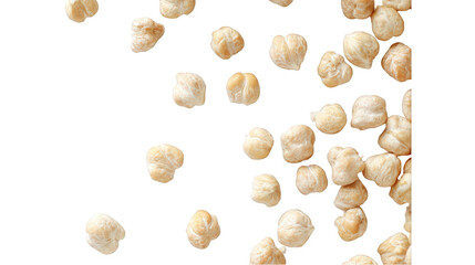 A cascade of uncooked chickpeas scattered across a on isolated transparent background.