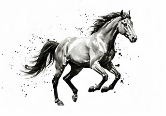 Elegant Grey Horse Running in Artistic Black and White Style on White Background