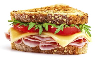 A diagonally sliced toasted sandwich with layered meat cheese tomato and leafy greens on seeded bread against a white background - Powered by Adobe