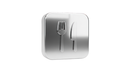 Metallic Fork and Knife Icon on Rounded Square.