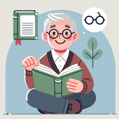Elderly Man Sitting Cross Legged Reading Green Book with Glasses Dream