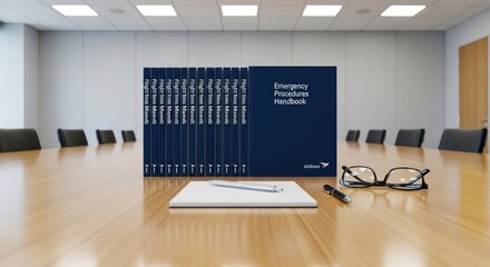 Airline safety protocol materials showcase essential manuals and handbook arrangements in a