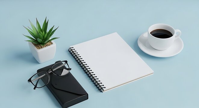 A spiral notebook rests beside a cup of dark coffee and an ornamental succulent plant, while stylish spectacles sit on their protective case to facilitate productive daily planning