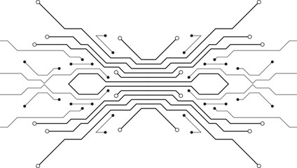 Symmetrical black and white illustration of a futuristic circuit board pattern on a white background.