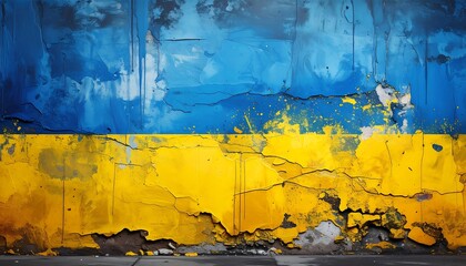 Weathered Ukrainian flag on a wall