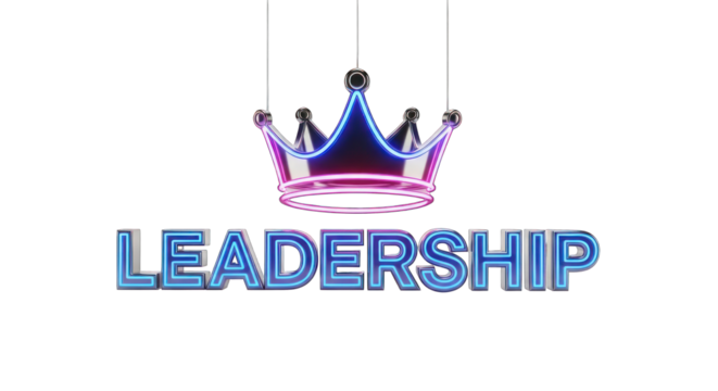 Neon Leadership Concept with Crown and Text Modern Design.