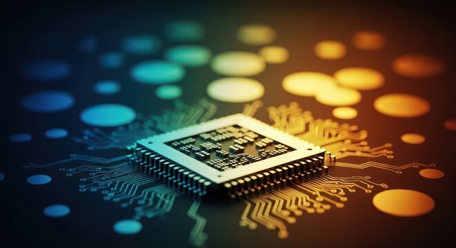 Advanced microchip technology with complex circuit patterns and artistic lighting effects