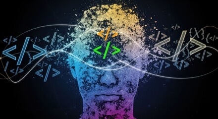 Abstract representation of a mind processing code, a coder's mind exploring programming concepts