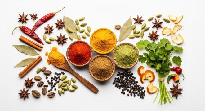 A vibrant assortment of indian spices including star anise, cinnamon, chili, cardamom, and various ground spices in bowls and on a wooden spoon, isolated on white background