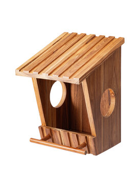 Handicraft birdhouse made from teakwood, It's has a roost at front isolated on white with clipping path