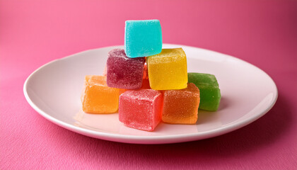 Assortment of Vibrant Jelly Cubes Piled on a White Plate with Pink Textured Background