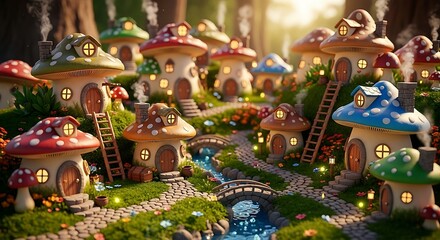 Enchanted Mushroom Village in Fantasy Forest.