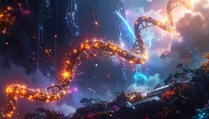 A vibrant, otherworldly scene depicting a glowing DNA strand suspended amidst futuristic architecture and a lush, surreal landscape.