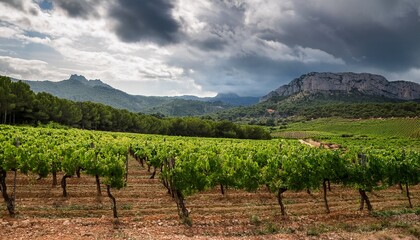 Obraz premium Priorat Vineyard Landscape Showing Lush Green Vines Under Cloudy Sky