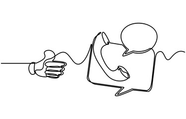 Continuous one line drawing telephone receiver with callout. Symbolization of conversation. Via chat or telephone. International Customer Support Day.