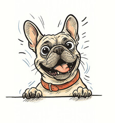 Ilustración a mano de perro raza pug estilo caricatura. Perro feliz y contento en colores cálidos