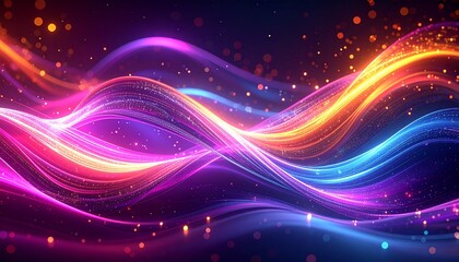 Obraz premium Abstract Colorful Neon Light Waves with Glowing Energy Lines and Particles on Dark Background