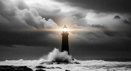 Majestic lighthouse standing defiant against the tempestuous sea and turbulent sky