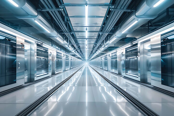 Obraz premium 近代的な製造現場の生産ラインクローズアップ（無人・清潔感）