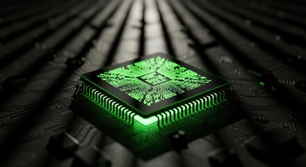 Illuminated microchip on a circuit board revealing high-tech data processing capability