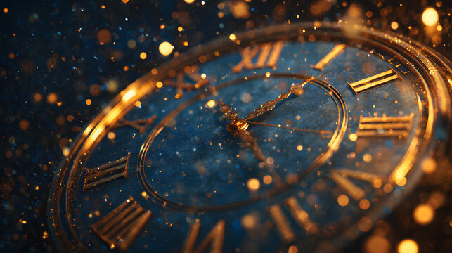 Festive New Year countdown concept with a classic clock reaching midnight under a shimmering gold particle background