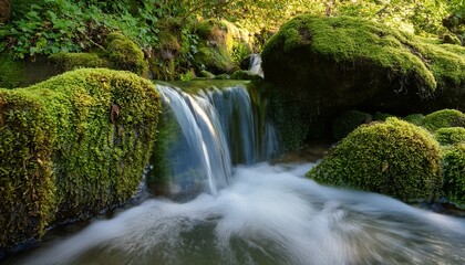 Close Up Of Fresh Spring Water Flowing From A Natural Rock Formation Surrounded By Lush Greenery