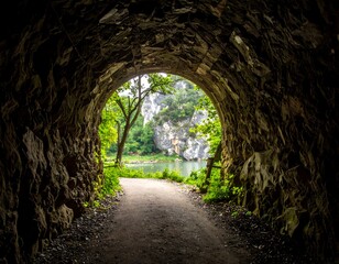 Obraz premium Dark tunnel opening to a lake and trees