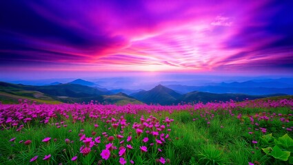 Fototapeta premium Vibrant purple and pink sunset over a wildflower meadow with rolling hills