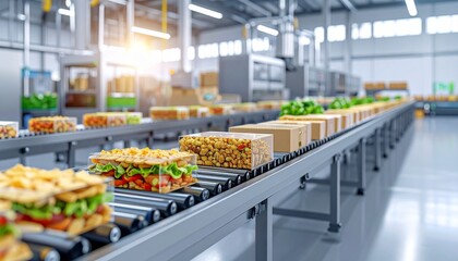 Fototapeta premium Large-Scale Food Manufacturing Operation: Professional Grade Conveyor Belt Infrastructure Handling Premium Bakery Items in Modern Industrial Processing Facility with Efficient Workflow Design