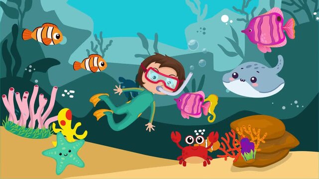 A kid diving into sea and meet her friend fish , under sea animation