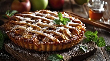 A lattice-top apple pie dusted with powdered sugar and fresh mint rests on a rustic wooden board amidst blurred whole apples and a jar of liquid - Powered by Adobe